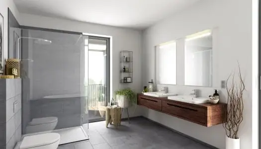 Modernes Badezimmer mit grauen Fliesen als Bodenbelag und zwei Waschbecken