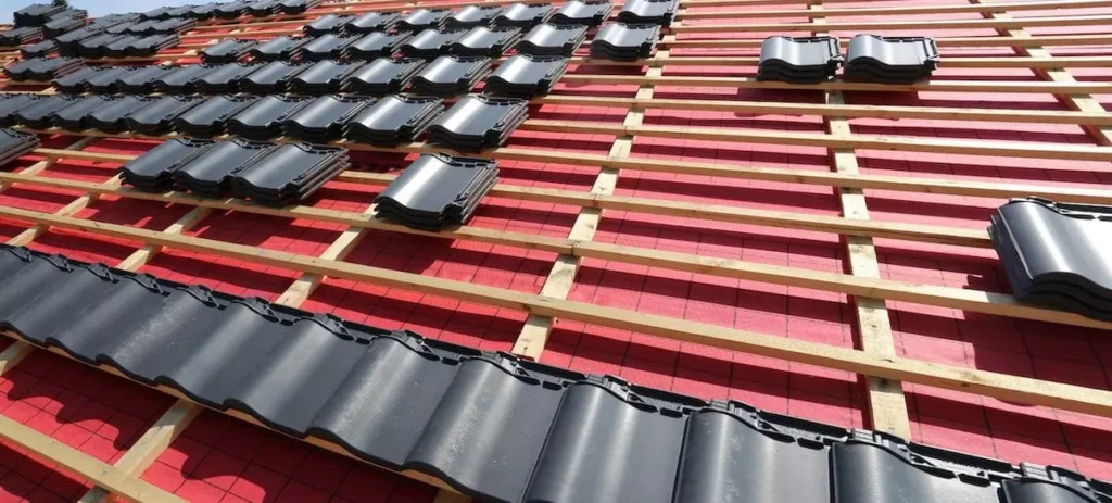 Dunkle Dachziegel liegen verteil auf einem Dach