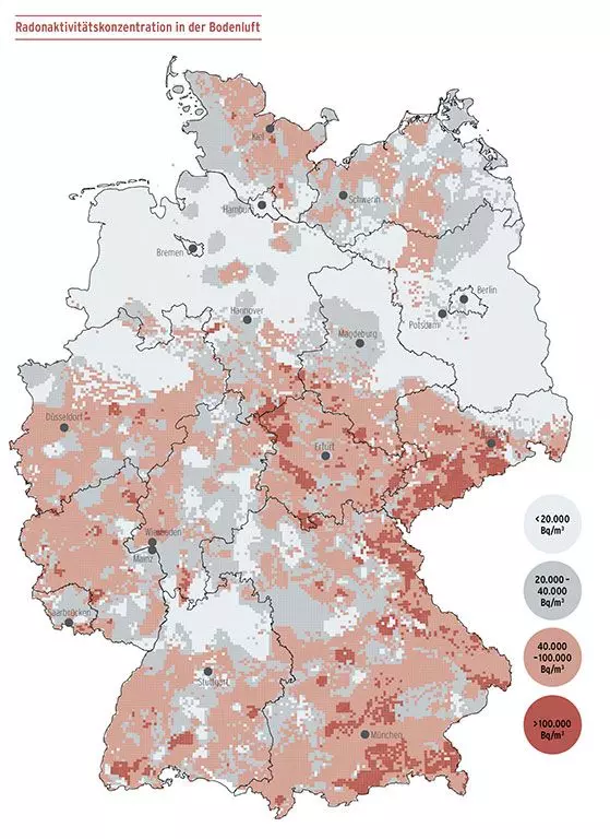 Karte von Deutschland mit der Verteilung von Radongas